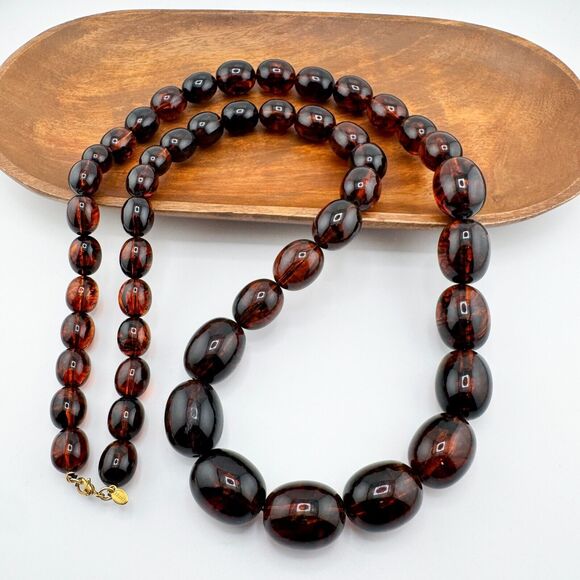 Vintage MONET Simulated Amber Necklace Graduated Beads Chunky Retro Statement